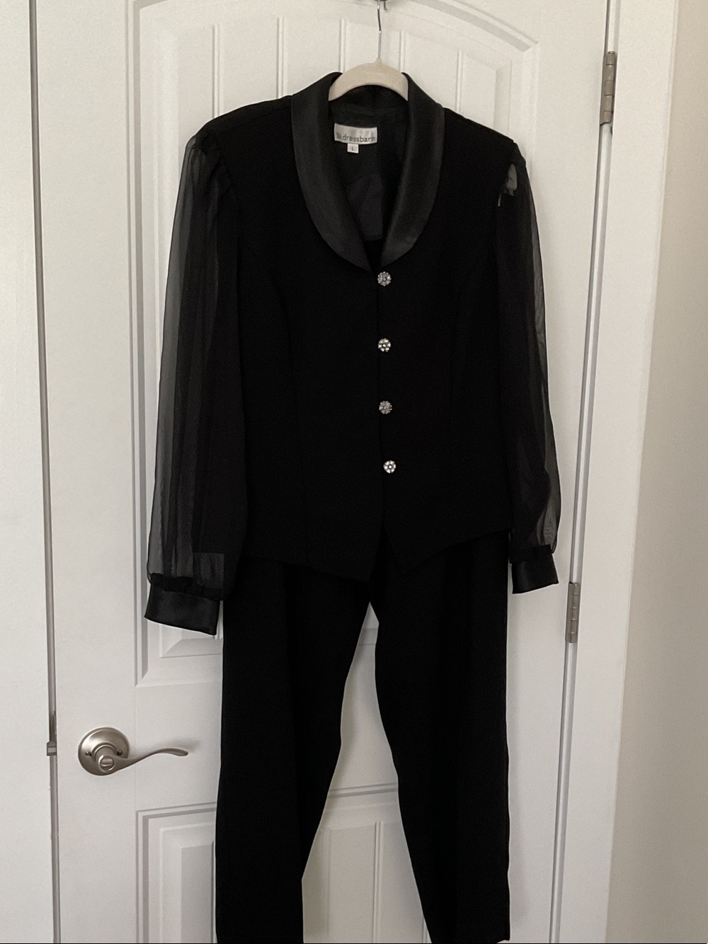 Button-Front Black Women's Jumpsuit with Sheer Sleeves